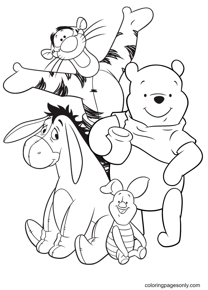 Dibujo para colorear de Pooh, Piglet, Eeyore y Tigger