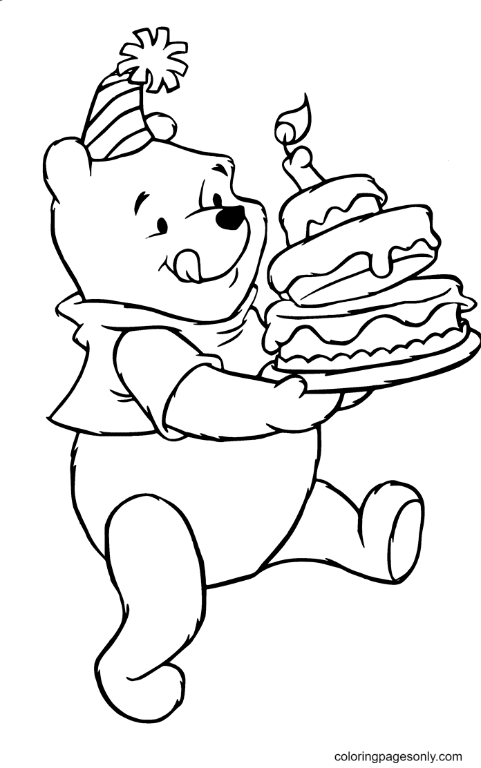 Pooh with a Birthday Cake Coloring Page