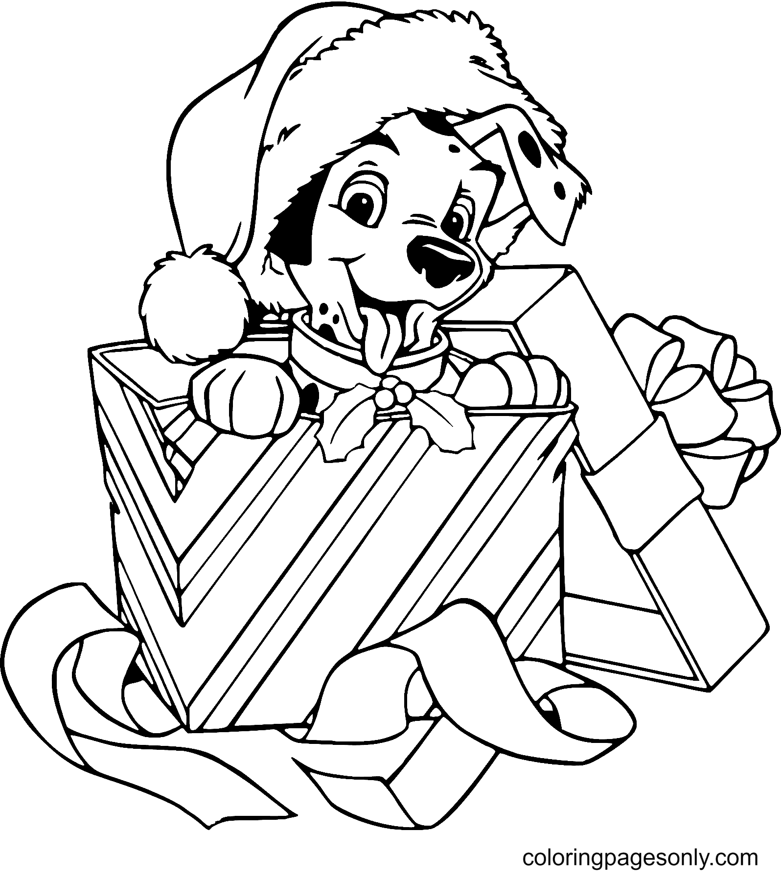 Puppy Wearing Santa Hat in Gift Box Coloring Page