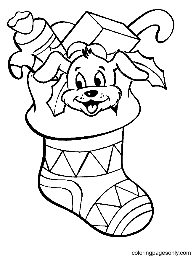 Puppy and Decorations in Christmas Stockings Coloring Page