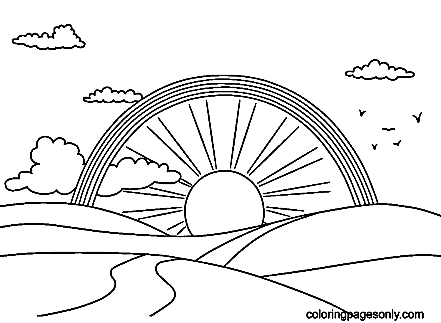 Rainbows, Sun, Paths and Clouds Coloring Pages
