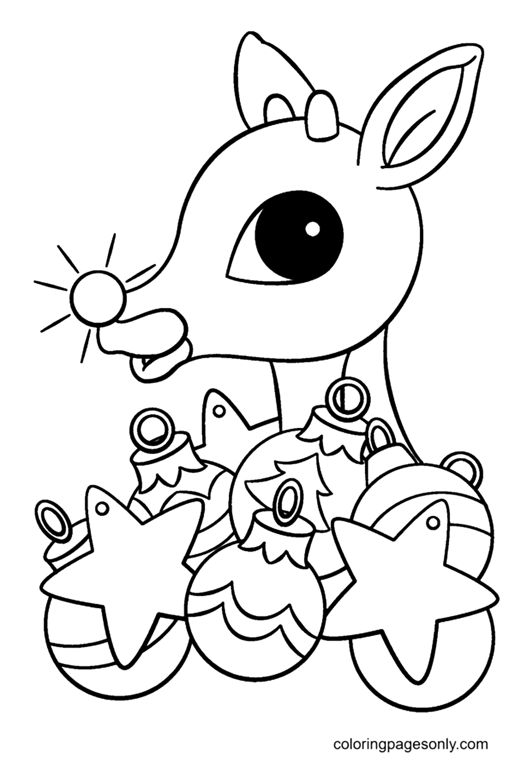 Red Nose Reindeer with Christmas Decorations Coloring Page