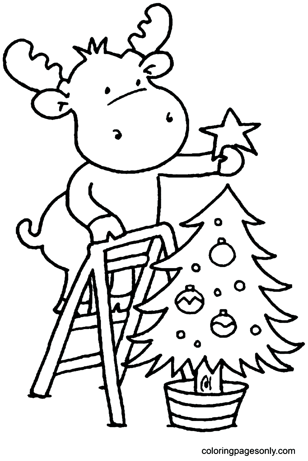 Reindeer Decorating Christmas Tree Coloring Pages