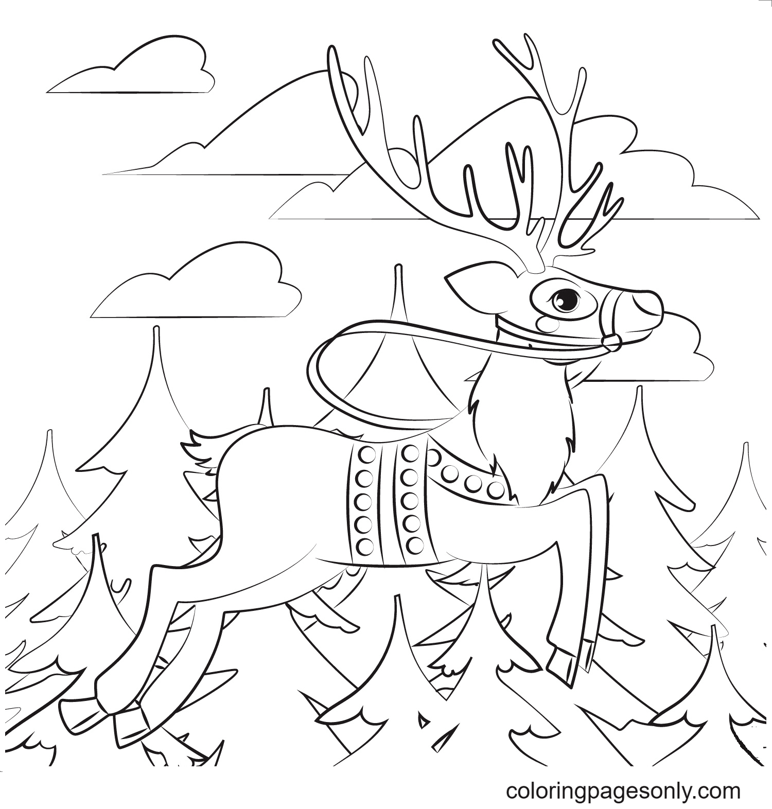 Reindeer Walking Through The Pine Forest Coloring Page