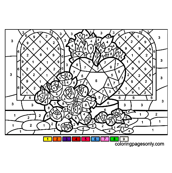 Roses and Heart Color by Number Coloring Pages