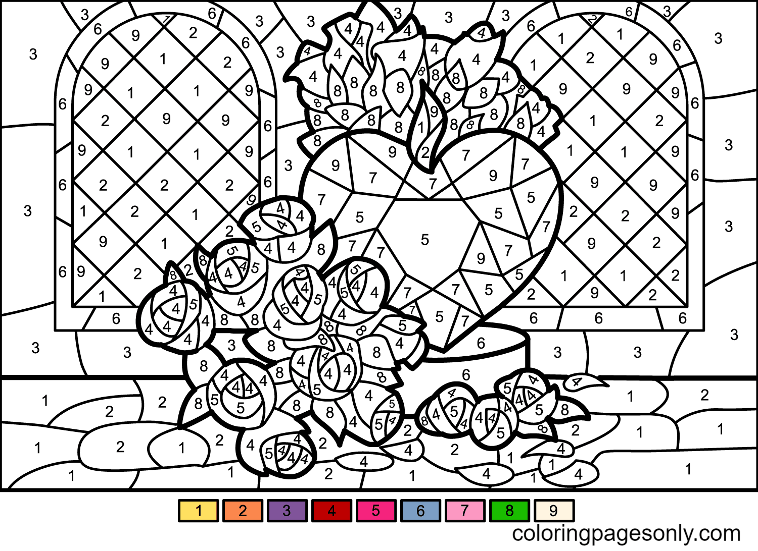 Roses et coeurs à colorier par numéro de Color by Number