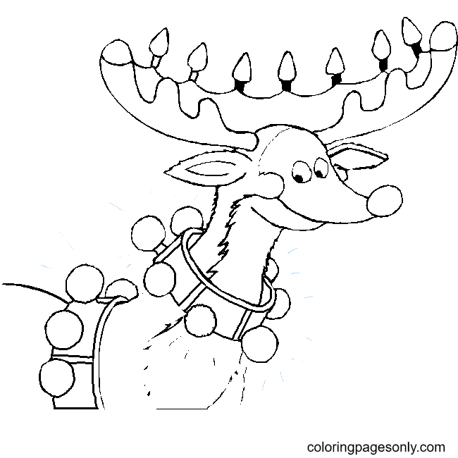 Rudolph Reindeer with Christmas Lights Coloring Page