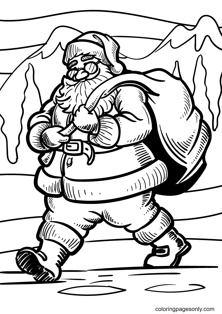 Santa Claus Carrying a Bag of Toys Going Through the High Mountain Coloring Page