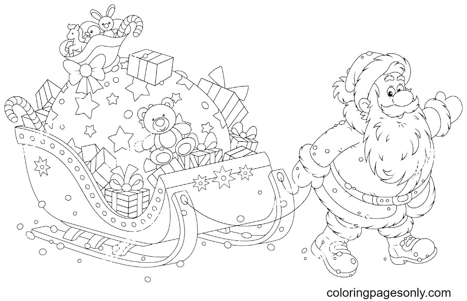 Santa Claus Carrying a Big Bag of Christmas Gifts on Sledge Coloring Page