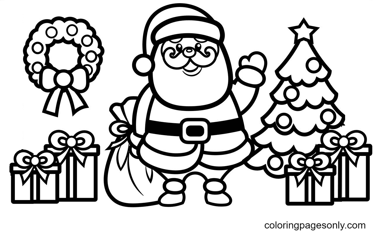 Página para colorir Papai Noel, árvore de Natal e caixas de presente