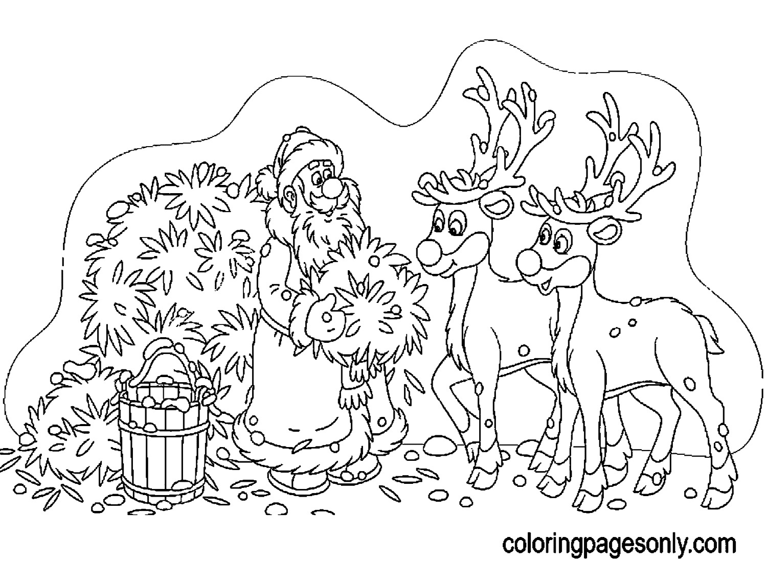 Santa Claus Feeding Reindeer Coloring Pages