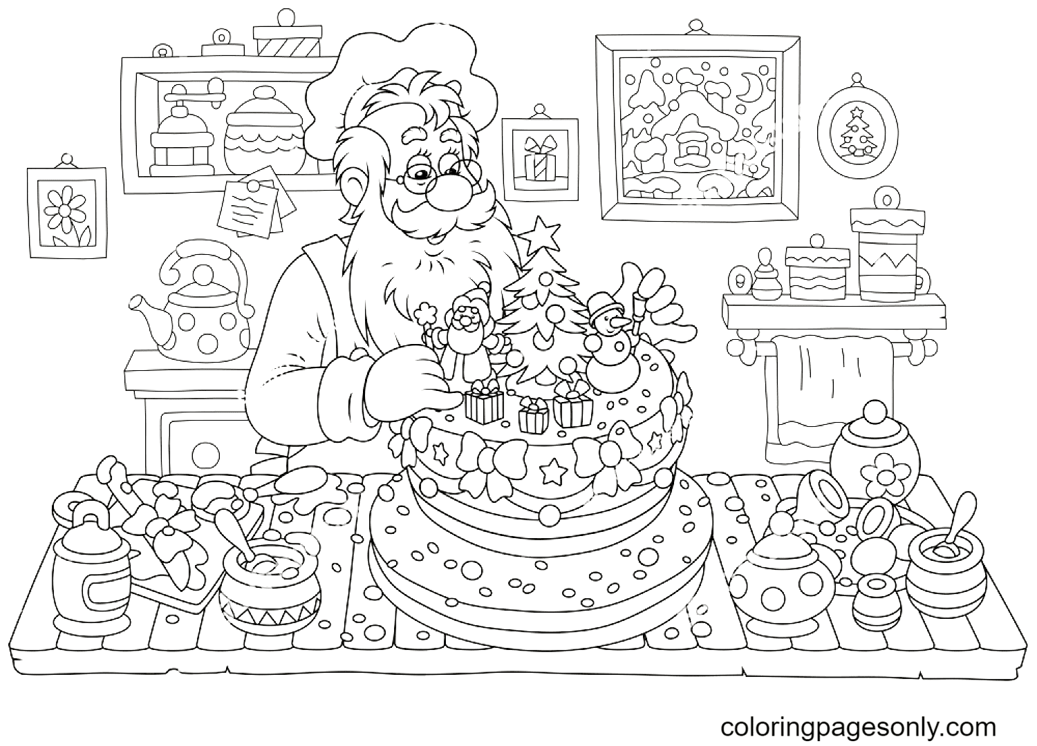 Le Père Noël prépare un gâteau de Noël dans sa cuisine du Père Noël
