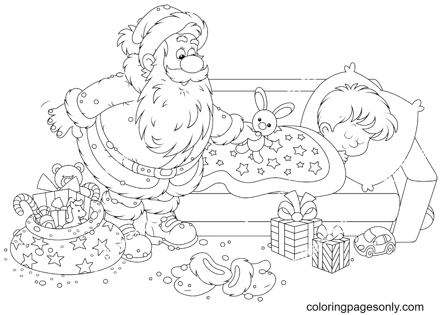 Santa Claus Putting Presents by the Bed of a Sleeping Boy Coloring Page
