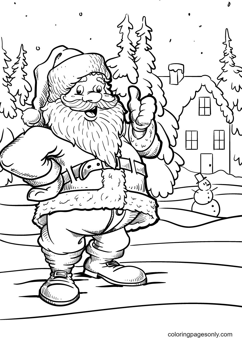 Санта-Клаус улыбается и показывает большой палец вверх возле дома от Санта-Клауса