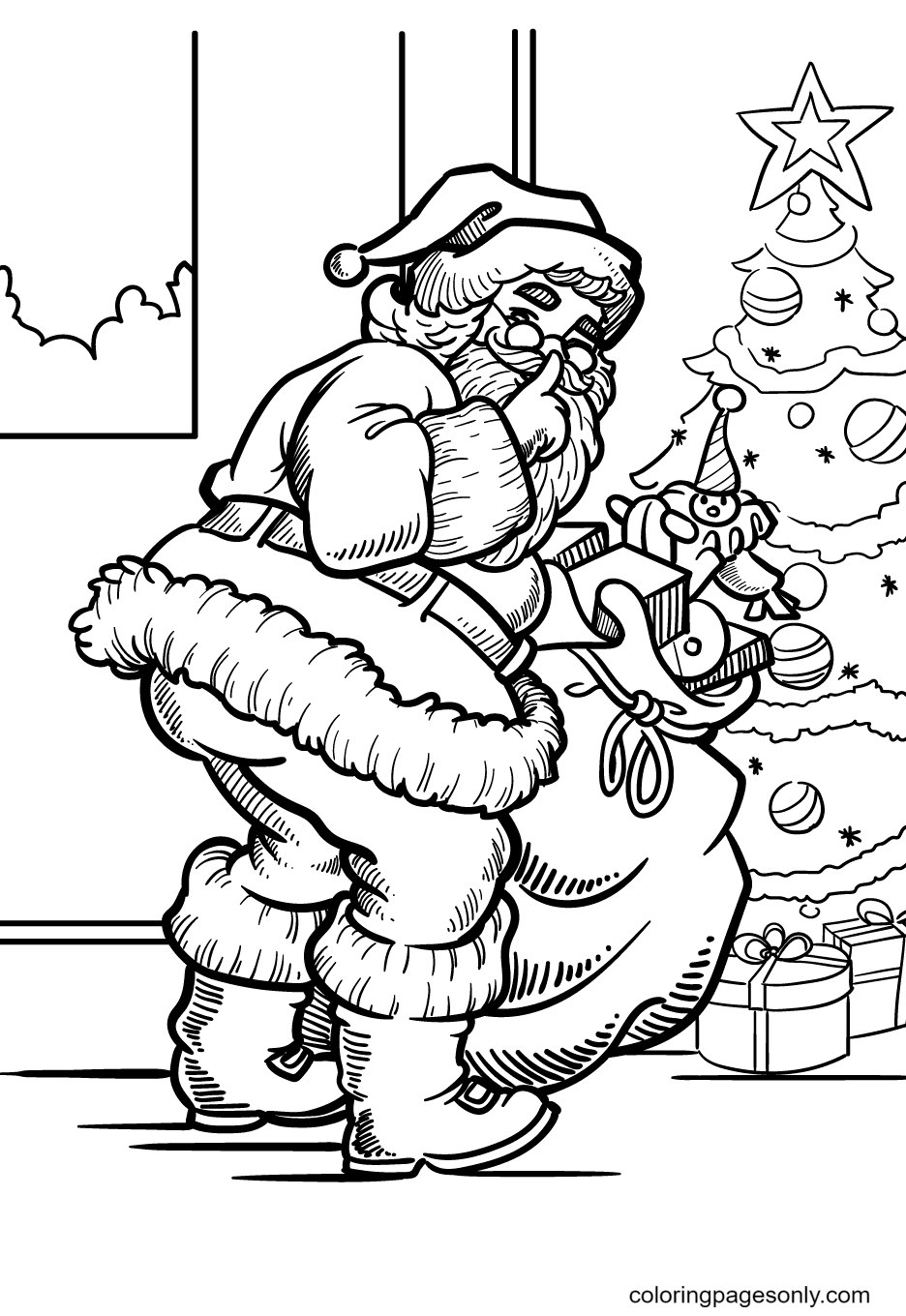 Santa Claus Sneaky out to Deliver Gifts Coloring Page