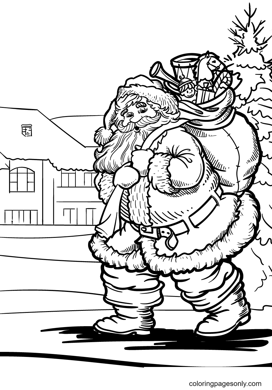 Раскраска Дед Мороз с волшебным мешком подарков
