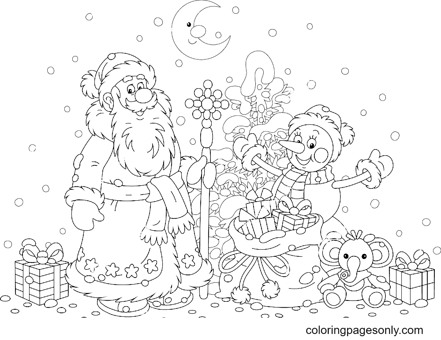 Santa Claus, a Magic Gift Bag, snowman with a Snowy Christmas tree Coloring Page