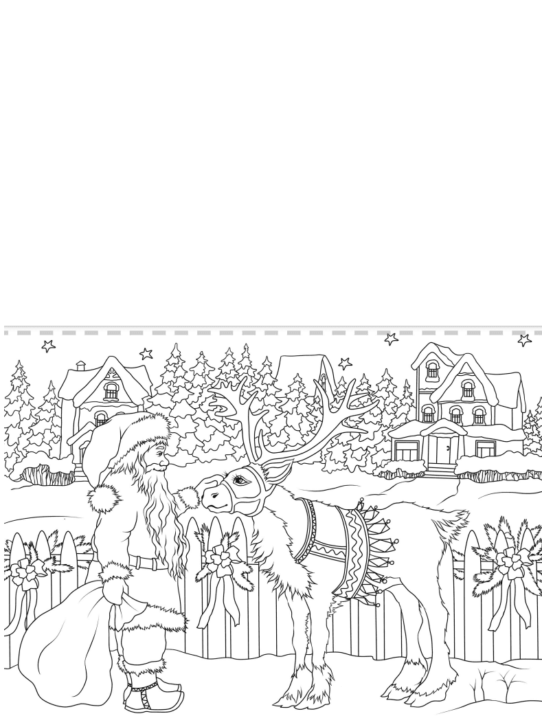 Santa Claus And Christmas Deer Greeting Card Coloring Pages