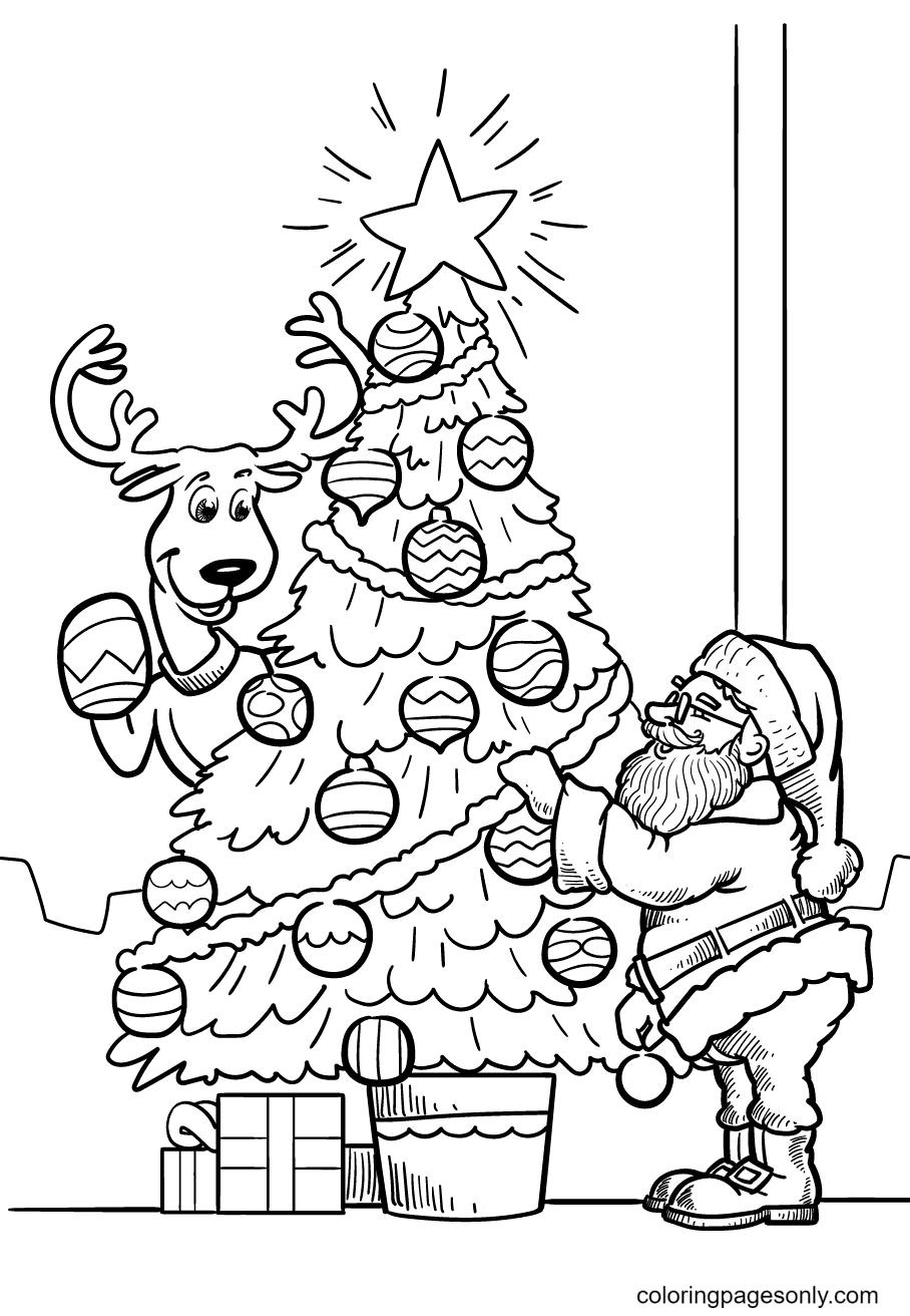 Santa Claus and a Reindeer Decorating the Christmas Tree Coloring Page