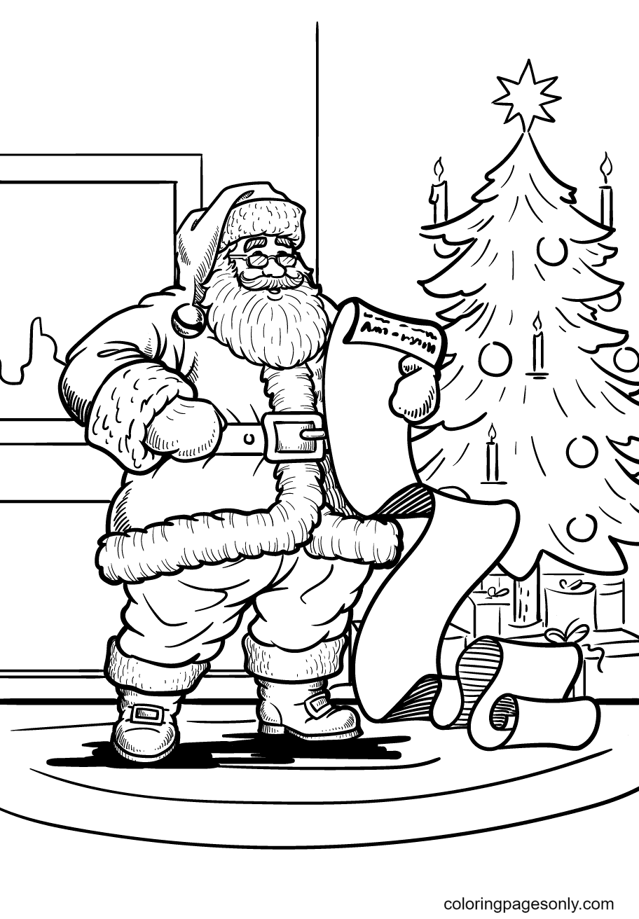 Le Père Noël jette un coup d'œil rapide à la liste de livraison des cadeaux du Père Noël