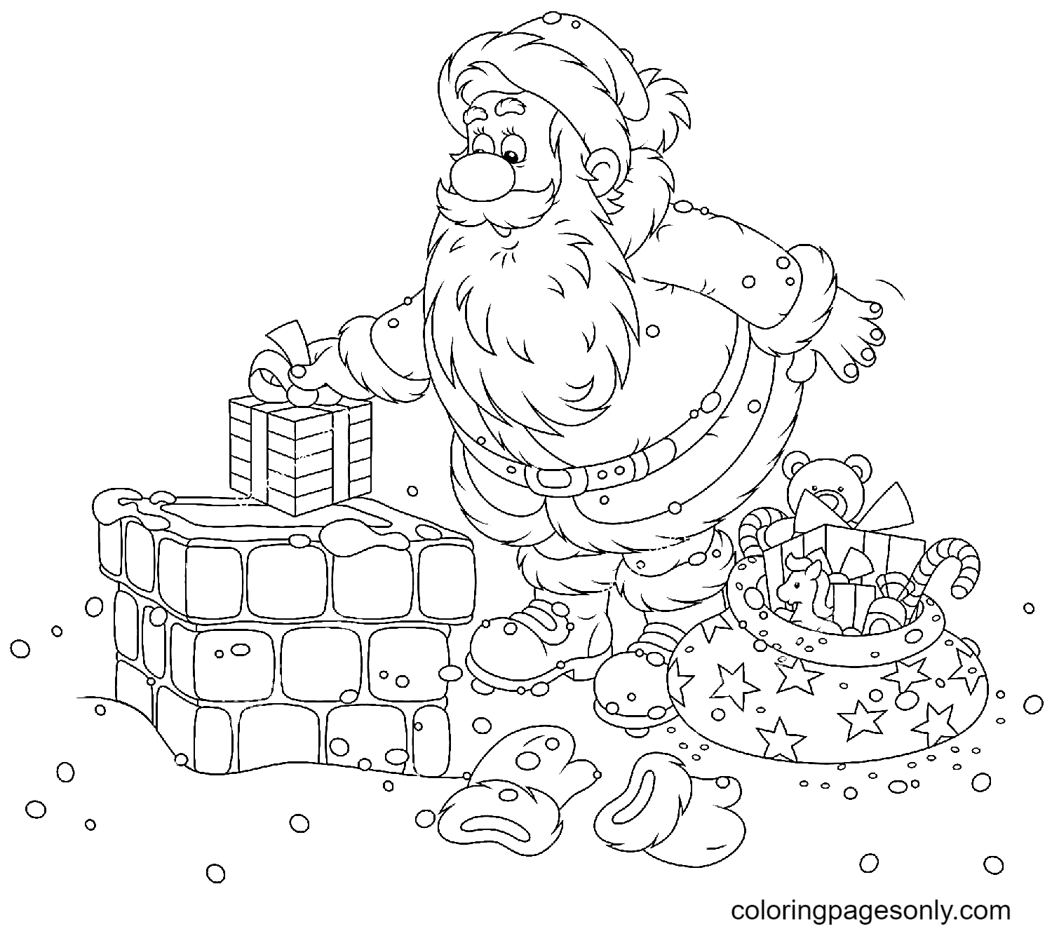 Раскраска Санта-Клаус с рождественскими подарками на крыше дома