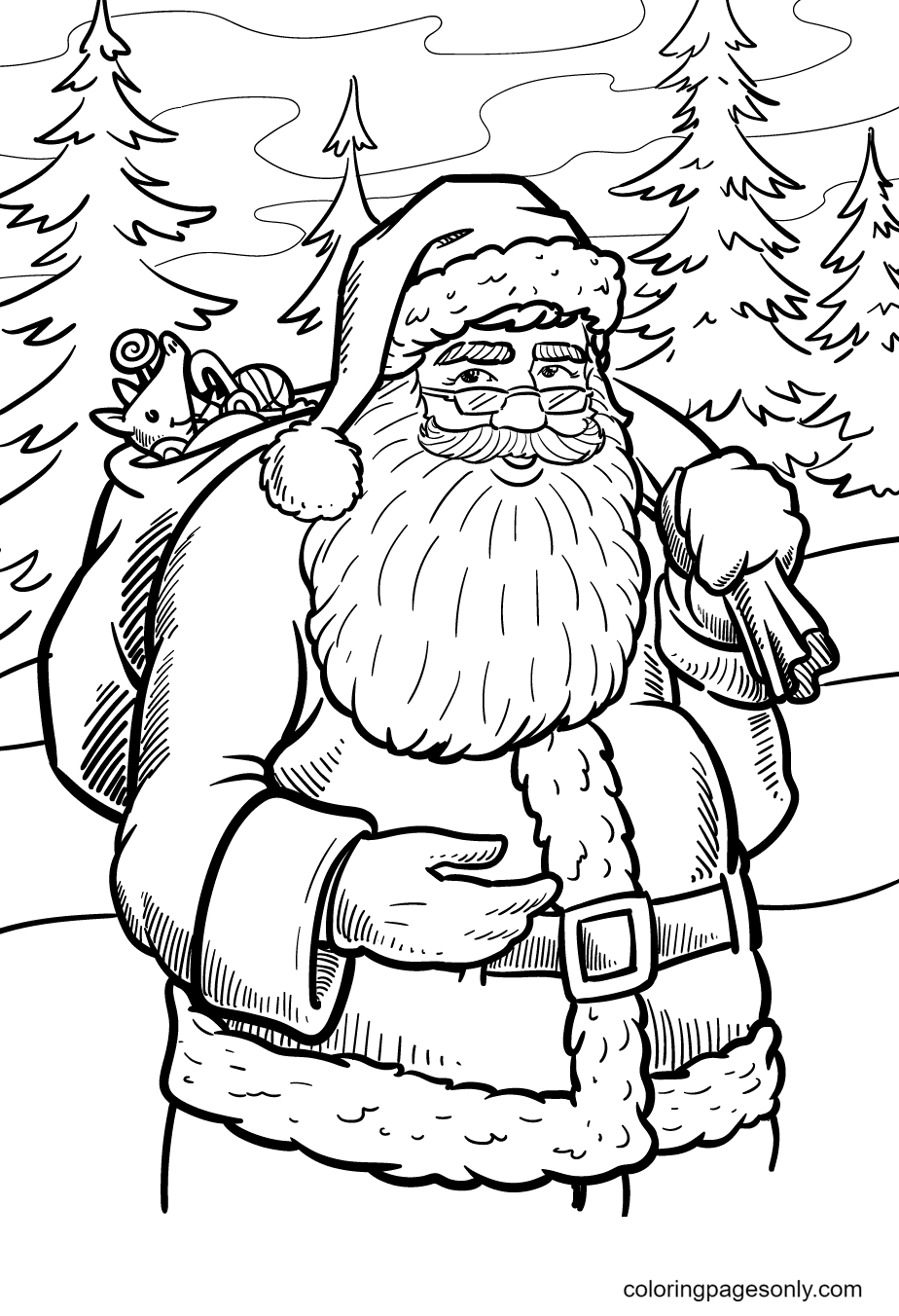 Santa Claus with Pine Trees Coloring Page