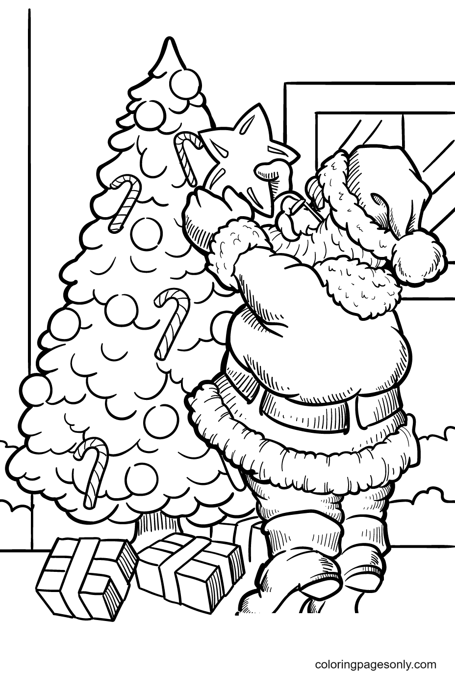 Santa Put a Big Star on Top of the Christmas Tree Coloring Page