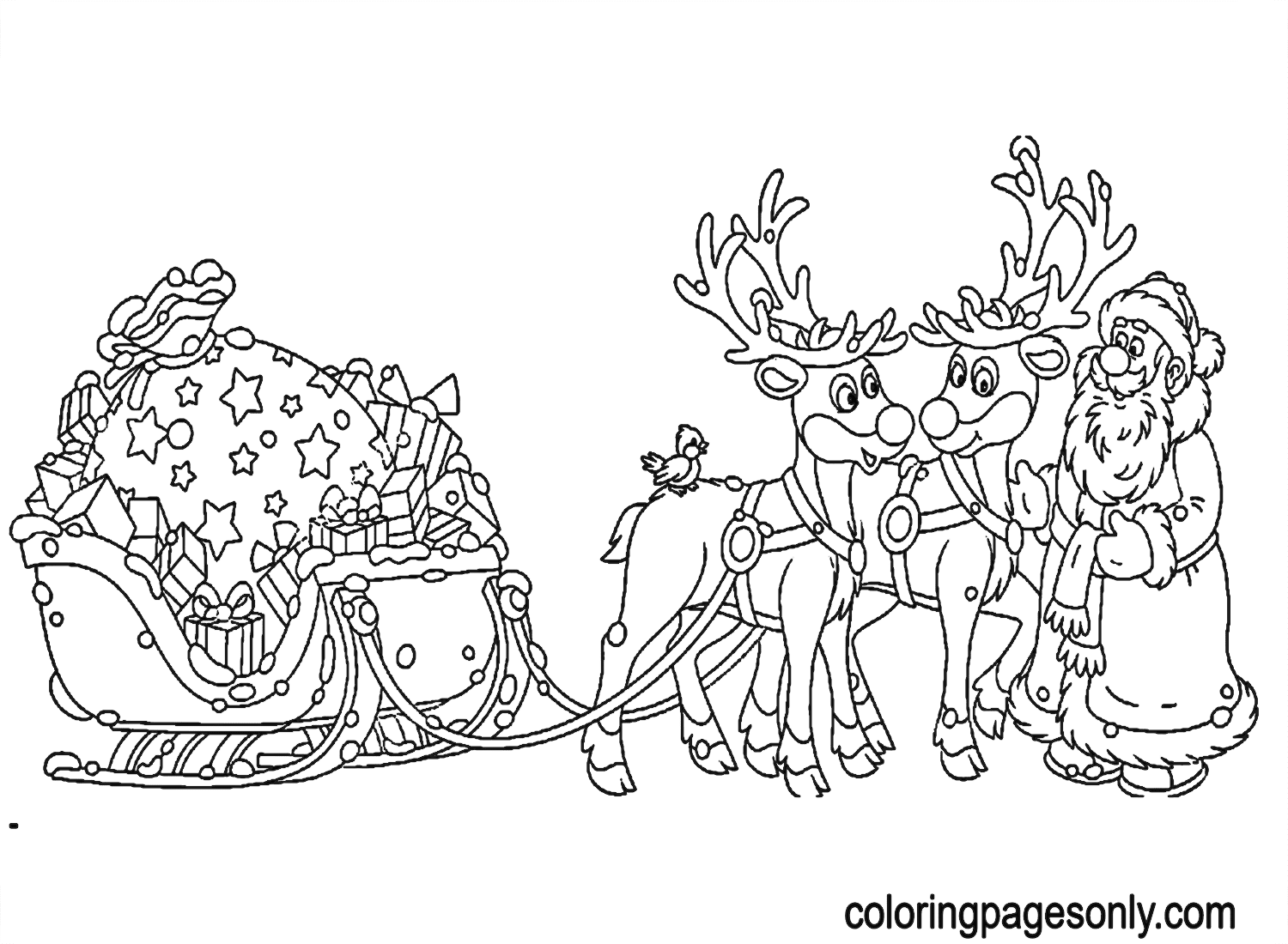 Babbo Natale con renne, slitta e un grande sacco di regali di renne