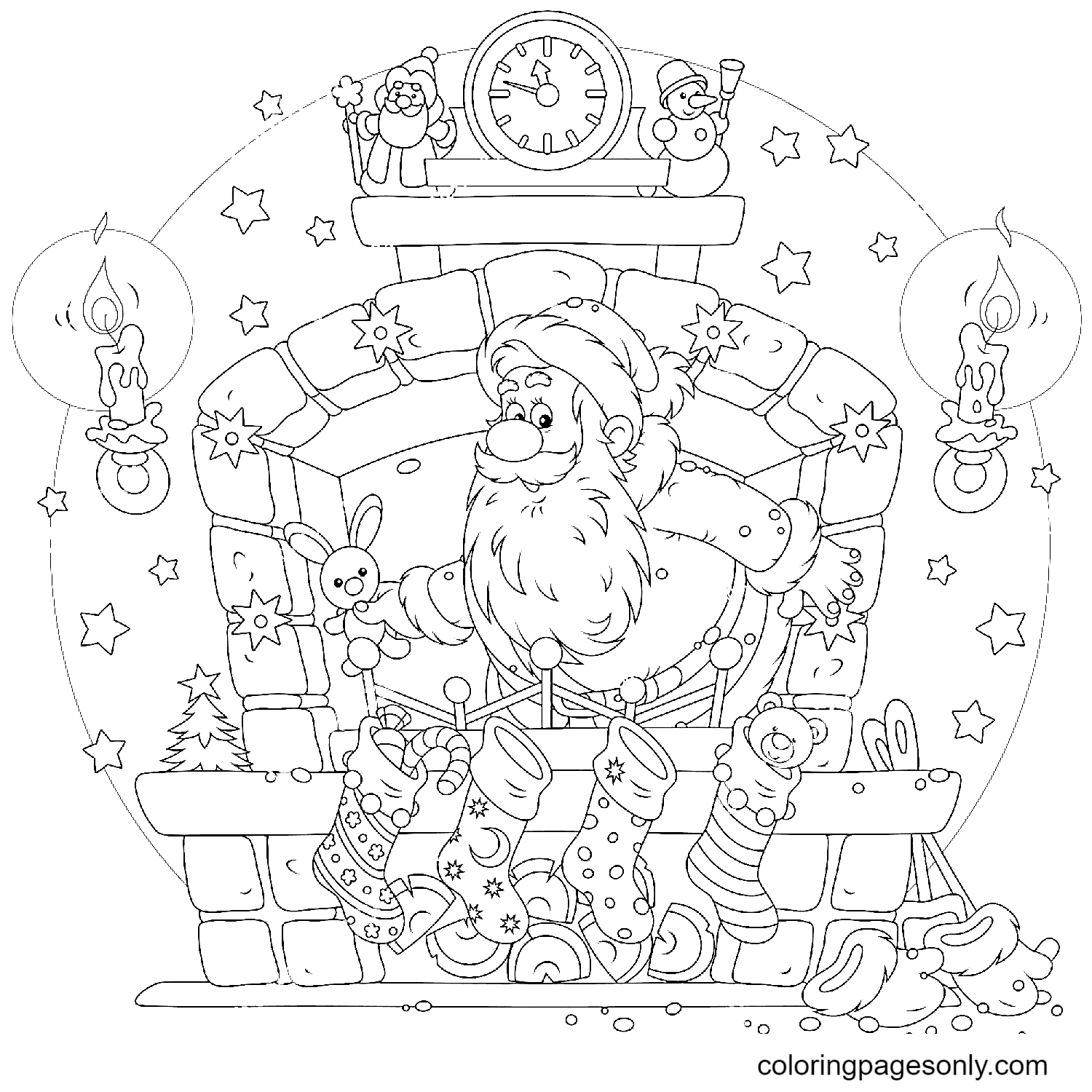 Santa With Christmas Gifts In The Fireplace Coloring Pages