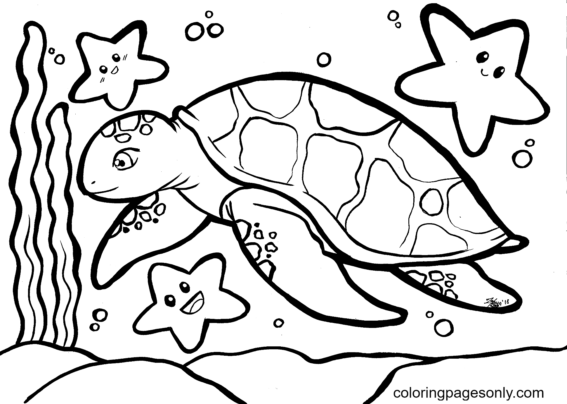 Раскраска черепаха и Жираф на пляже
