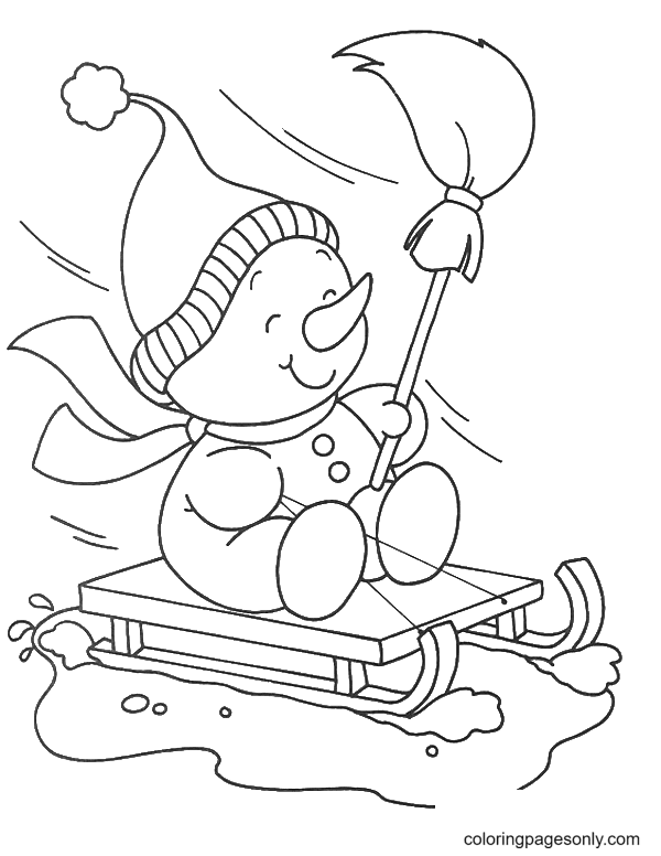 Smiled Snowman on Sledges Coloring Page