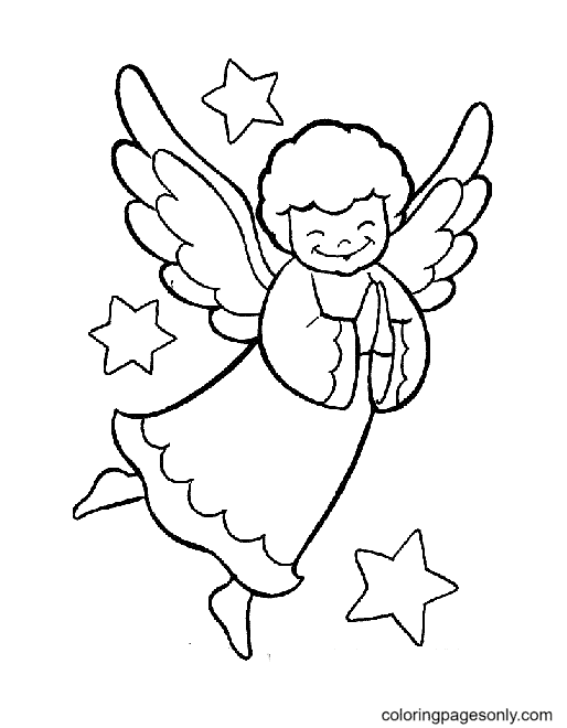Desenho para colorir de um anjo de Natal sorridente