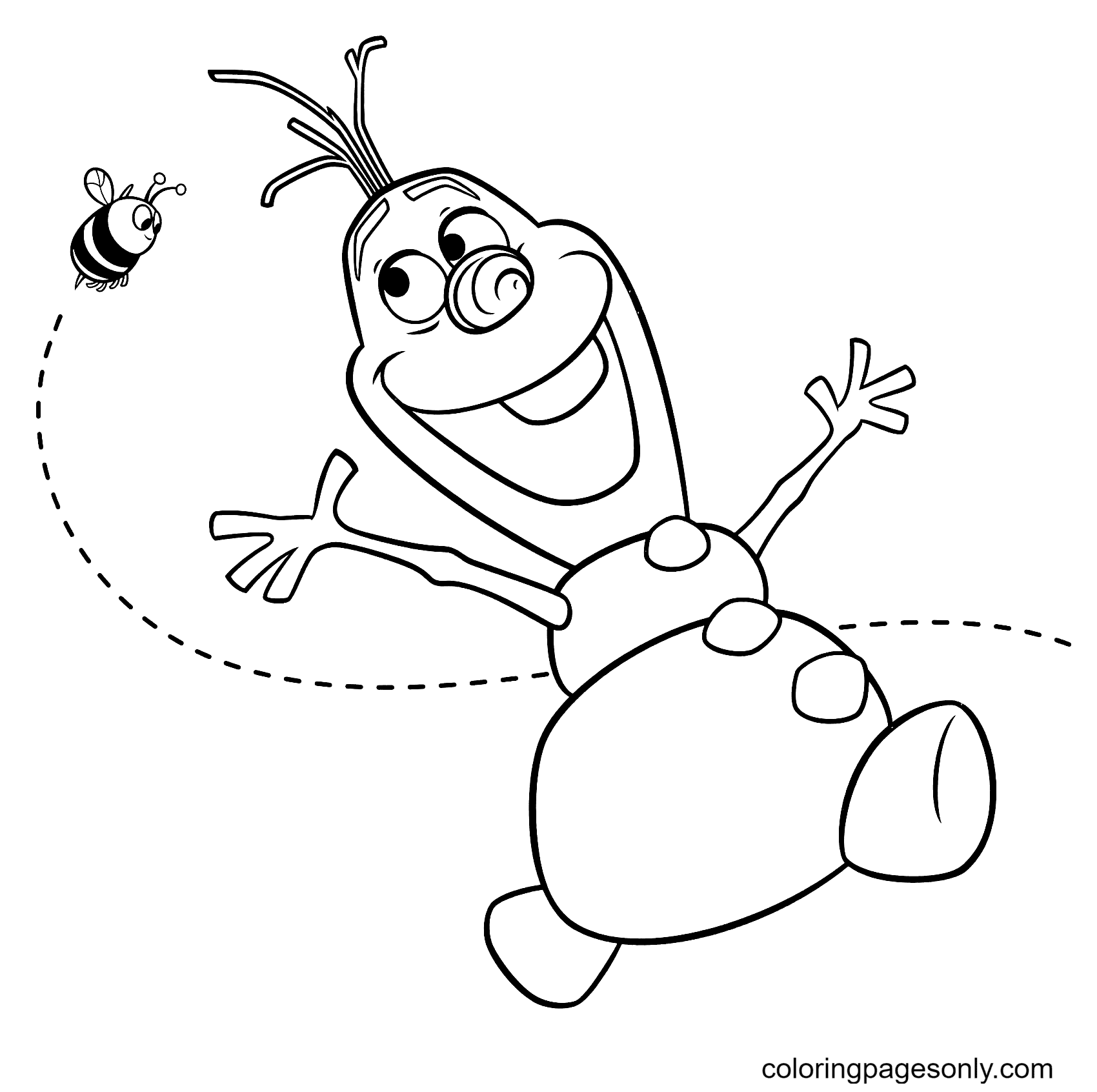 Snowman Olaf Playing with a Bee Coloring Page