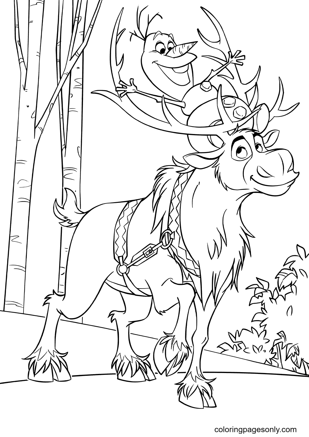 Snowman Olaf and Sven Reindeer Coloring Page