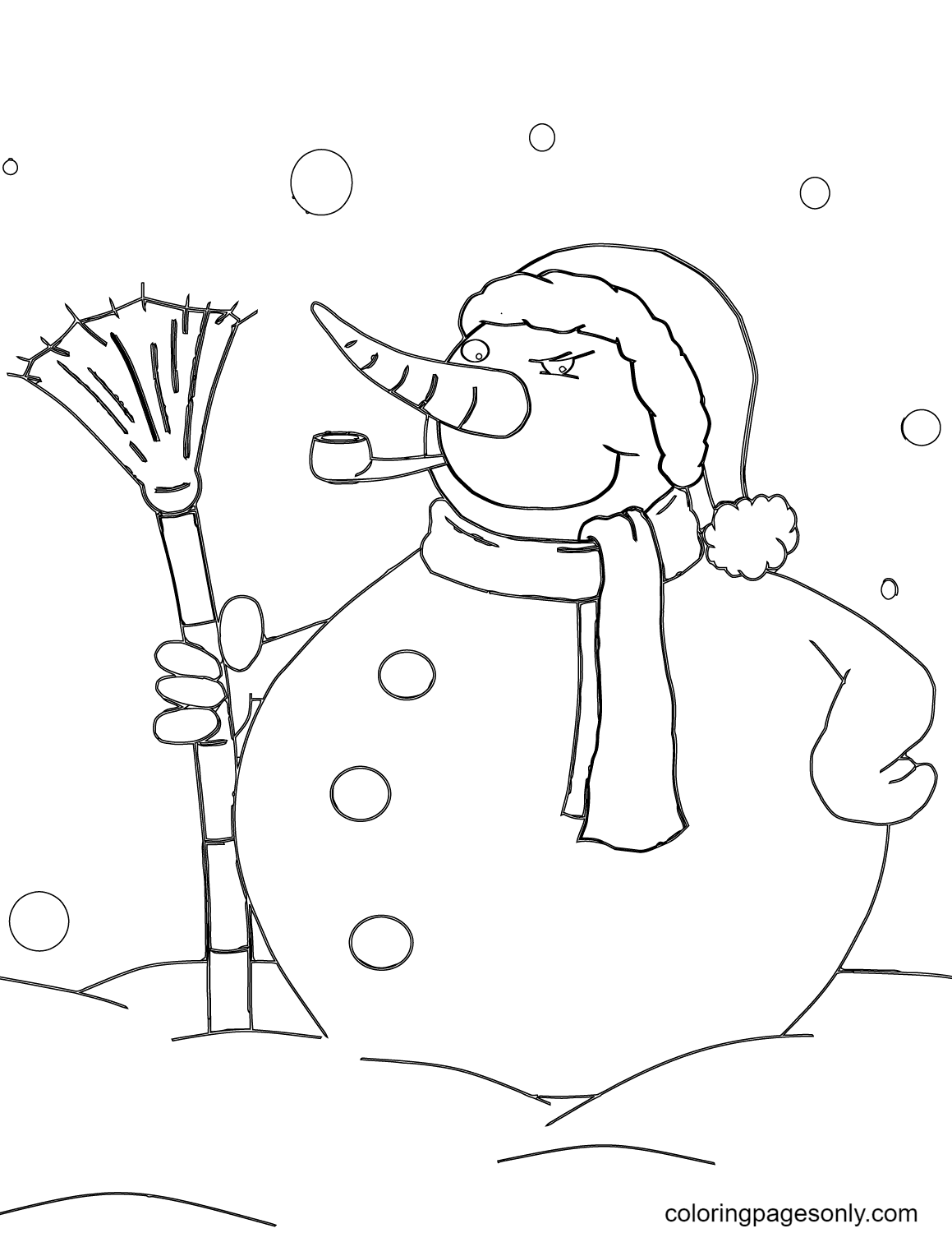Snowman with Pipe and Broom Coloring Page