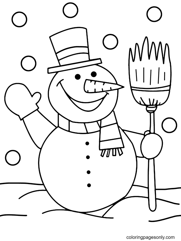 Snowman with Sweeping Brush Coloring Page