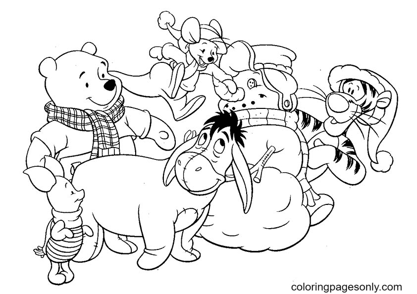 Snowman With Team Of Disney Coloring Pages