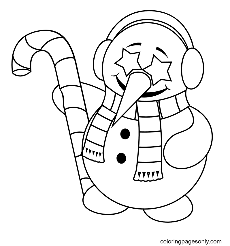 Starry-eyed Snowman with Cane Coloring Page