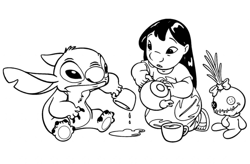 Stitch and Lilo Drinking Tea Coloring Pages - Lilo & Stitch Coloring
