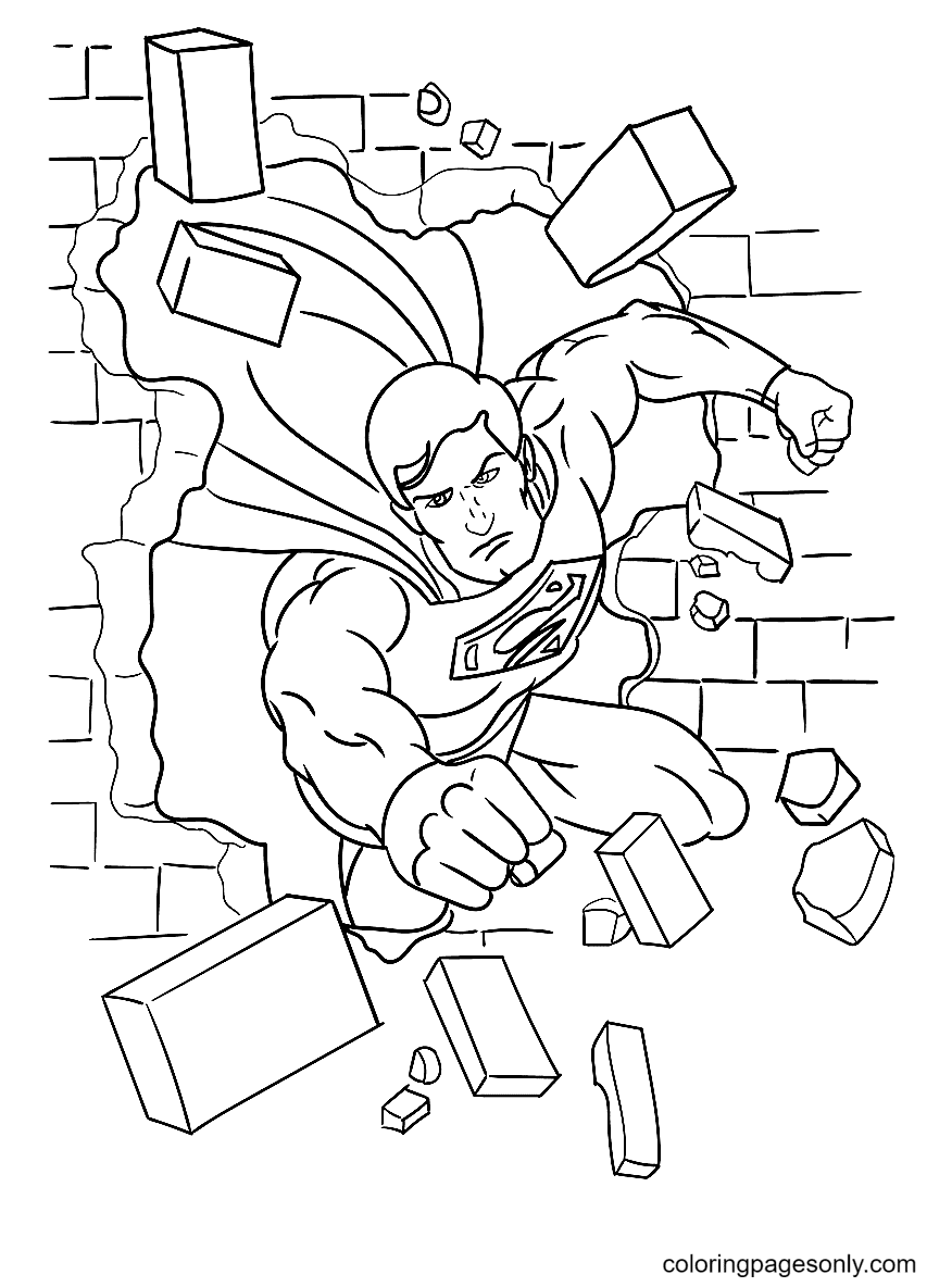 Pagina da colorare di Superman che rompe un muro