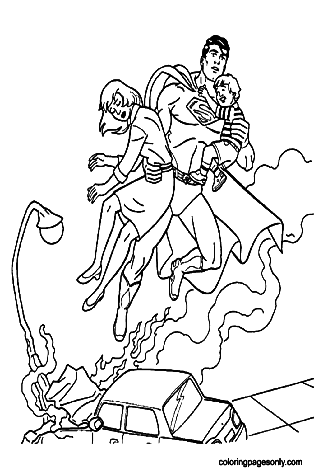 Superman Is Saving A Woman And A Child Coloring Pages