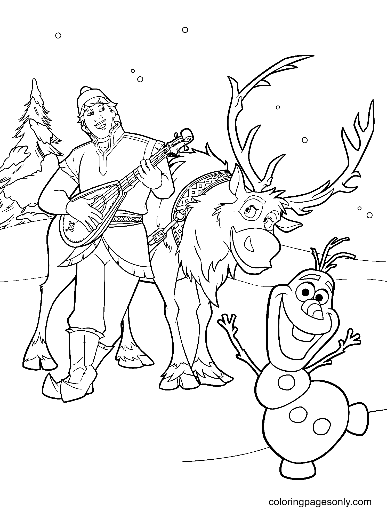 Sven, Kristoff And Olaf Coloring Page