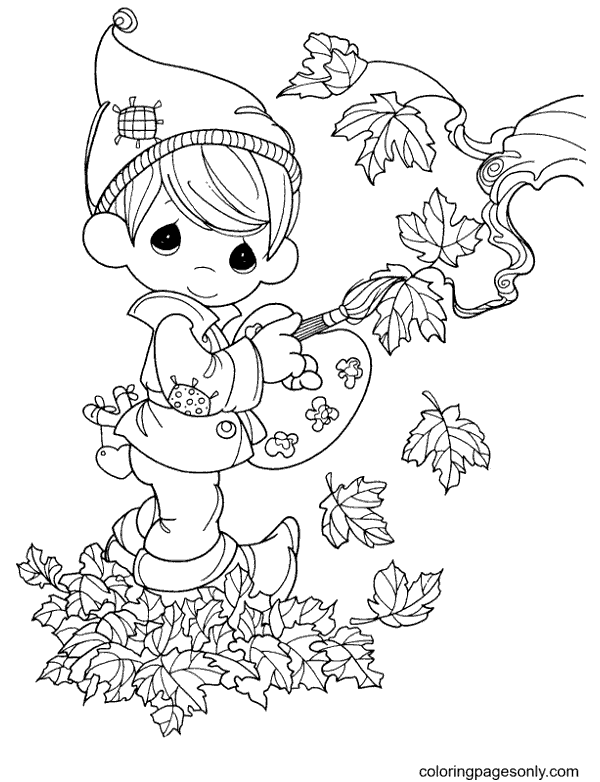 The Boy is Coloring the Leaves Coloring Page