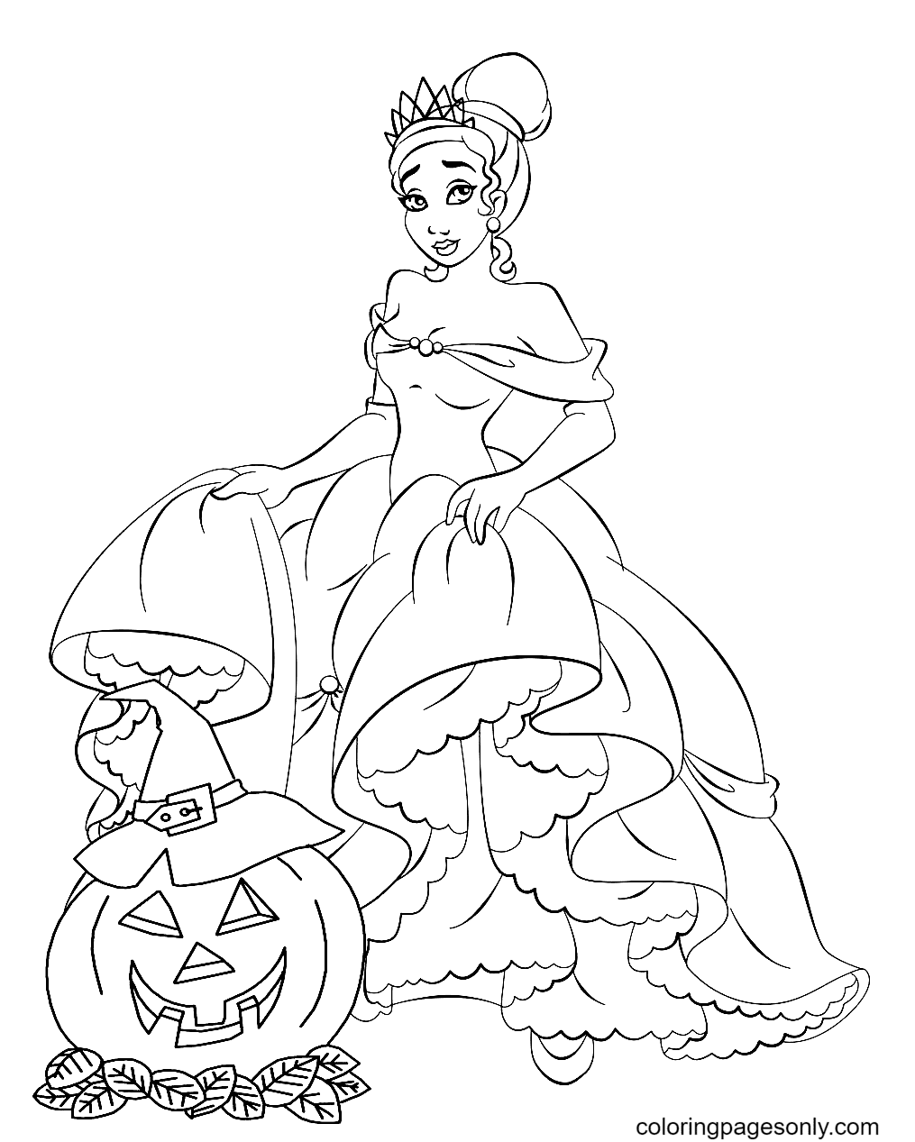 Tiana Princess Disney Halloween Coloring Page
