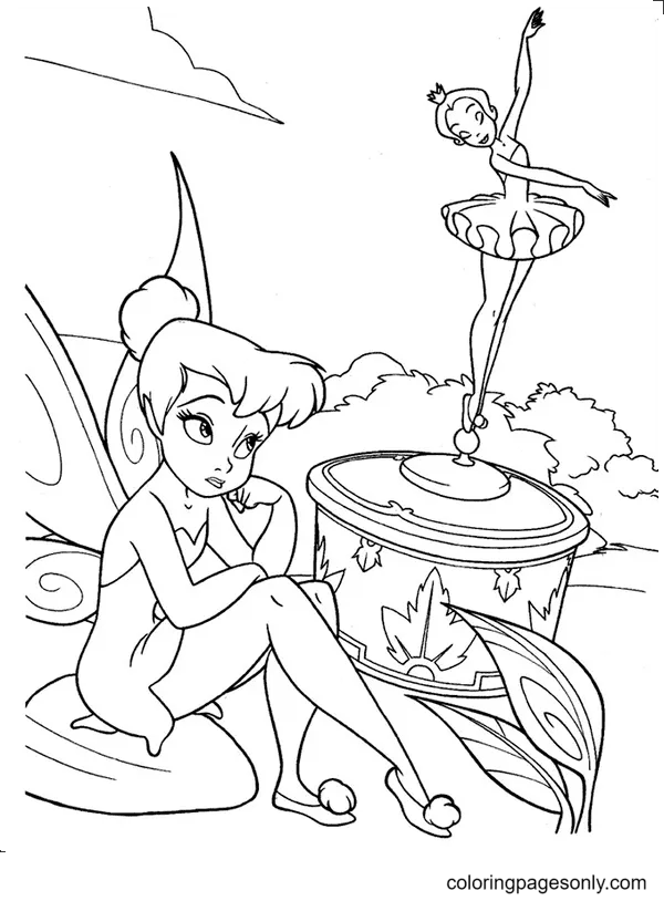 TinkerBell and a Music Box Coloring Page