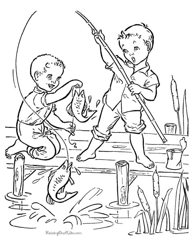 两个男孩钓鱼着色页