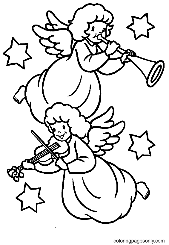 Two Christmas Angels with Trumpet and Guitar Coloring Page