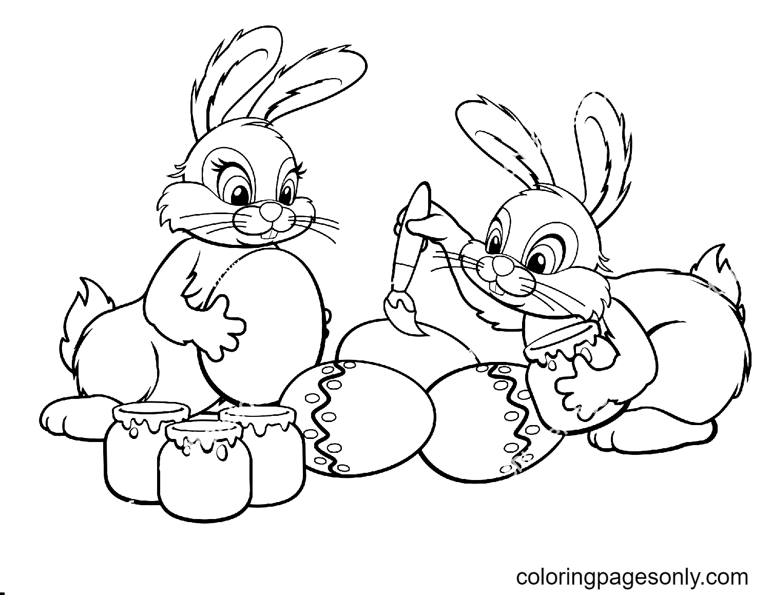 Two Easter Bunnies Draw Eggs Coloring Page Free Printable Coloring Pages