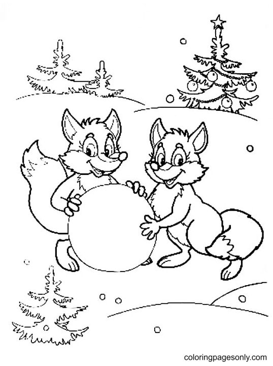 Two Foxes Playing in The Snow Coloring Page