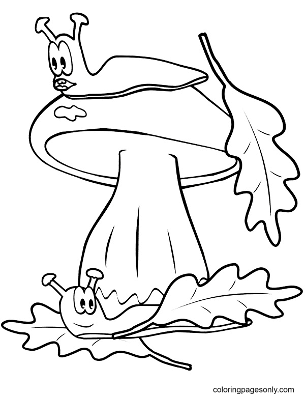 Two snails and mushroom Fall Leaves Coloring Pages